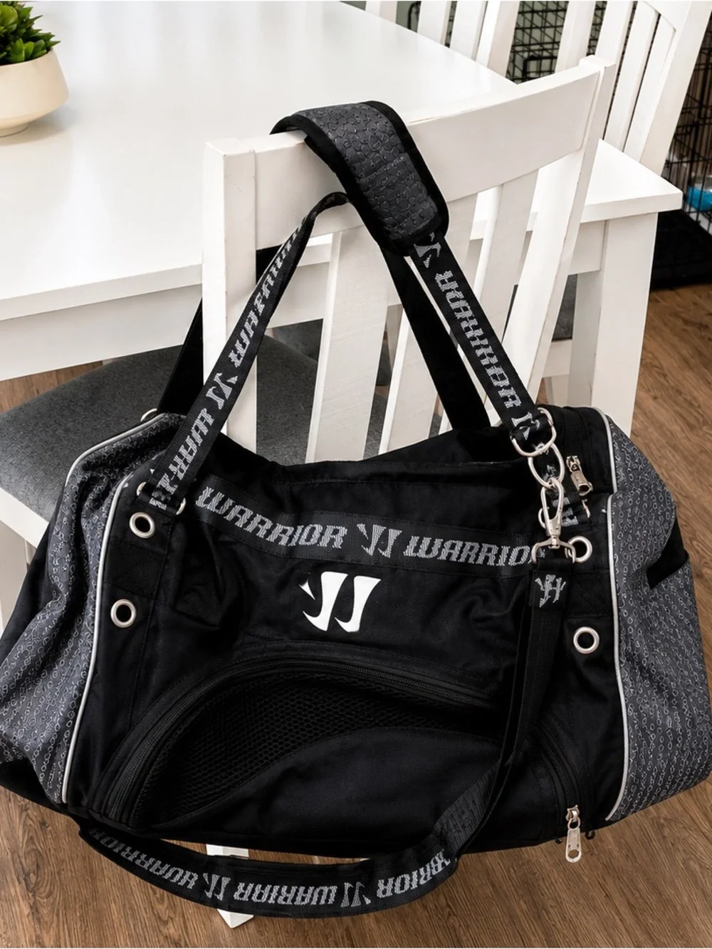 Warrior Black Gray Sports Gear Duffel Bag Multi Pocket Athletic Travel Bag